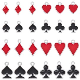 SUNNYCLUE 1 Box 32Pcs 8 Styles Poker Charm Playing Card Charms Bulk Silver Metal Alloy Enamel Red Black Hearts Spades Clubs Diamonds Dangle Charm for Jewelry Making Charms Earrings DIY Crafts Supplies