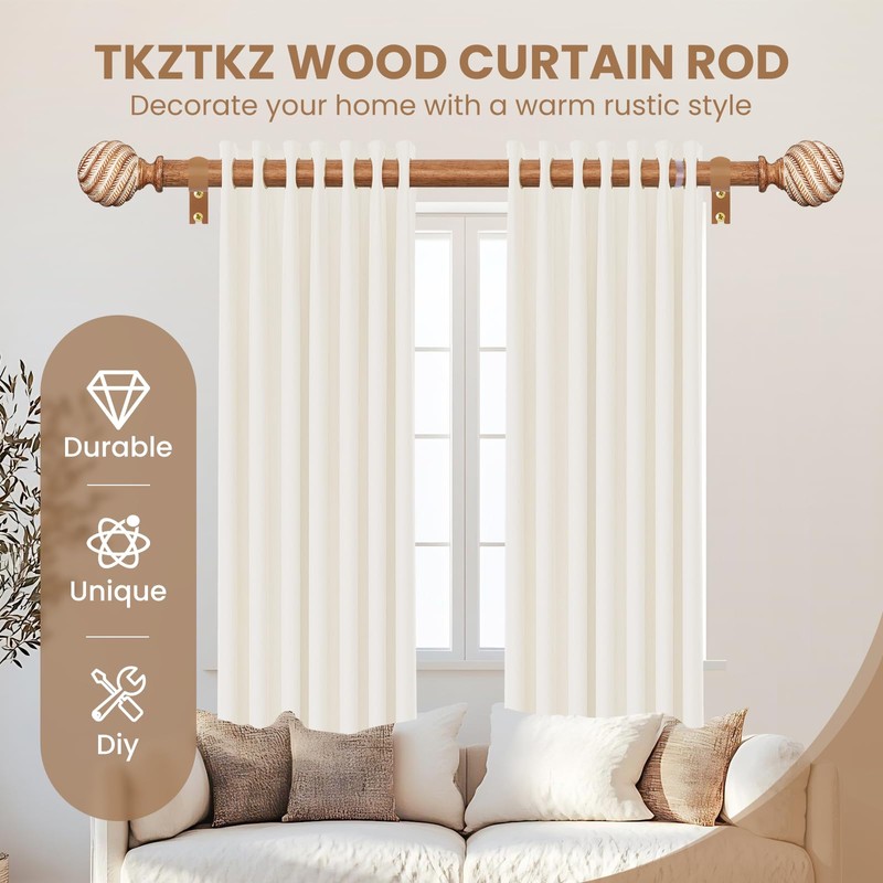 TKZTKZ Wood Curtain Rods for Windows 66-120" 2 Pack:Boho Farmhouse
