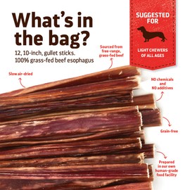 Natural Farm Gullet Sticks (10-Inch 12 Units Pack) One Ingredient Beef Esophagus Chews - Fully Digestible, Promotes Joint & Dental Health, for Pups, Small & Senior Dogs