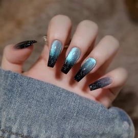 Glossy Press On Nails Long Coffin Blue Black Gradient Fake Nails Cat Eye False Nails Stick On Nails Glitter Acrylic Nails Polished Glue on Nails for Women Girls 24Pcs