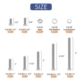 200PCS Nuts and Bolts 1/4-20 x 1/2”, 3/4”, 1”, 1-1/2”, 2”, 2-1/2”, 3” Carbon Steel Hex Bolts and Nuts Assortment Kit Hardware Screws Set (7 Different Sizes)