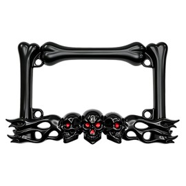 JYIS Cool Motorcycle License Plate Frame, Heavy-Duty Skull Motorcycle License Plate Frame, Fits 7"x4" Standard Plates, Compatible with Cruiser, Dual-Sport, Sport,Street Bikes (Black)