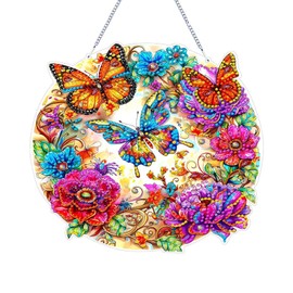 Diamond Art Kits for Adults,DIY Flower Butterfly Diamond Painting Kit Colorful Diamond Painting Hanging Sign Crystal Art Window Ornaments Home Garden Wall Door Hanging Decoration (Flower & Butterfly)