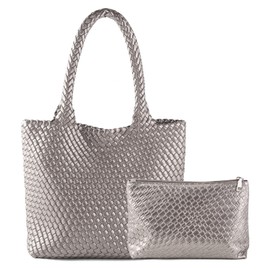 Hand Woven Bag Tote Bag For Women Top Handle Shoulder Bag Vegan Leather Large Travel Beach Bag Hobo Bag Handbag With Small Purse Silver Grey