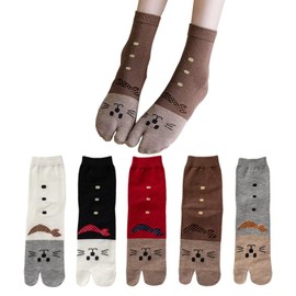 Lifemaster Women's Two-Toe Socks, Cute, Cat Socks, 2 Finger Socks, Crew Socks, Set of 5, Colorful Socks, Standard Thickness, Stylish, Casual, Spring, Summer, Autumn, 8.7 - 9.8 inches (22 - 25 cm),
