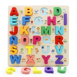 Mayaphilos Wooden Alphabet Puzzle, Spanish Alphabet Puzzle, Preschool Learning Activity, Educational Puzzle for Kids, Gift for Girls & Boys