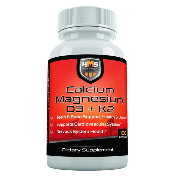 HMS Nutrition Calcium, Magnesium, Vitamins D3 and K2 - 120 Vegan Capsules, 60 Day Supply - Supports Lung & Immune System Health, Strong Bones & Teeth - Non-GMO, Soy Free, & Dairy Free