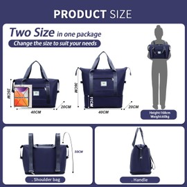 FIORETTO Womens Expandable Gym Tote Bag Duffle Bag with Wet Pocket, Travel Bag Weekend Overnight Bags with Double Shoulder Strap, Water-Resistant Carry On Bag Hospital Holdalls for Women Navy Blue