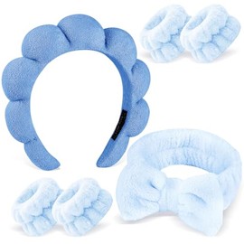 Zkptops Juego de 6 Diademas de Spa para Lavarse La Cara, Muñequeras para Mujer con Burbujas de Maquillaje, Esponja de Tela de Rizo, Diadema Acolchada, Pajarita, Bonita Diadema Antideslizante, Accesori
