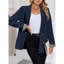 Happy Saild Women's Double Breasted Blazer, Open Front Long Sleeve Jacket with Plaid Cuff - Office Attire & Business Casual Suit Fall Outfits Navy Blue Large