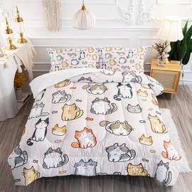 XYNHML Kids Cute Cat Comforter Set Twin Size 3Pcs Cartoon Pet Cat Fishing Bedding Set Lovely Animal Quilt Bed Set for Children Girls Boys Room Decor