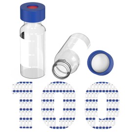 2mL Clear Autosampler Vials, HPLC & GC Sample Vials with Write-on Spot and Graduations, 9-425 Blue Polypropylene Screw Cap & White PTFE Red Silicone Septa, 100 Pack