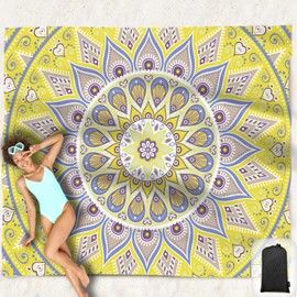 Hiwoss Beach Blanket Waterproof Sandproof Oversized 95”x 80”,Sand Free Beach Mat with Corner Pockets,Portable Mesh Bag for Beach Festival,Picnic,Travel and Outdoor Camping (Yellowtan)