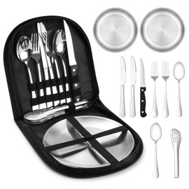 penobon Camping Crockery Set for 2 People, 10 Pieces Portable Camping Cutlery Set Stainless Steel for Camping, Picnic, Travel