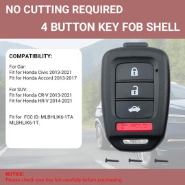 No Cutting Required Key Fob Case Shell fit for Honda 2013-2016 Accord Crosstour 2014-2015 CR-V Civic 2016-2017 HR-V (1)