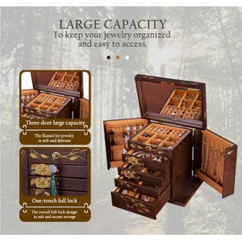 Xloverise Wooden Jewelry Box for Women, 5-Layer Large Wood Jewelry Boxes & Organizer with Drawers for Rings Necklaces,Mother's Day gift,Hand-painted rose flowers jewelry case organizer