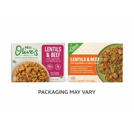 Miss Olive’s Lentil & Beef with Vegetables Ready Meal, Lower Sodium Shelf Stable Heat & Eat Entrée in Hearty Sauce, 7 oz (Pack of 12)