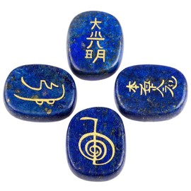 Rockcloud Healing Crystal Lapis Lazuli 4pcs Engraved Chakra Stones Palm Stone Reiki Balancing