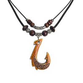 Nove Jewelry Leather Brown Hawaiian Fish Hook Pendant Necklace Hemp Cord Chain - Maori Tribal Necklace - Adjustable Black Cord