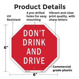 Don't Drink and Drive 6 inch X 6 inch Octagon Plastic Sign Weather Resistant, UV Protected for Workplace, Private Property, and Construction Site, Made in the USA