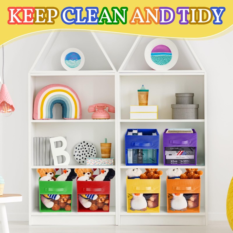 Marsui 12 Pcs Clear Cube Storage Bins Rainbow Colored Collapsible