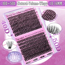 Yawamica Lash Clusters 40D+50D Fluffier Volume Individual Lashes Wispy Eyelash Clusters D Curly Natural Lash Extension 10-16mm Cluster Eyelash Extensions 280pcs for DIY Lash at Home