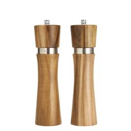 Acacia Wood Manual Salt and Pepper Grinder Set, 8 inches Refillable Pepper and Salt Mill Set, Salt Grinder Pepper Mill with Adjustable Coarseness, for Restaurant Hotel By DEERLET (2pcs,wood-silver)