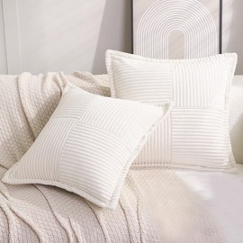 Puncuntex Corduroy Throw Pillow Covers Set of 2 Boho Decorative Cream White 18×18 Inch,Super Soft Pillowcase Cozy Striped Texture Cushion Cover for Couch,Sofa,Farmhouse,Living Room
