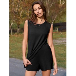 Glamaker Women's 2 Piece Sets Summer Casual Sleeveless Sweater Knit Matching Short Sets Vacation Outfits (Black M)