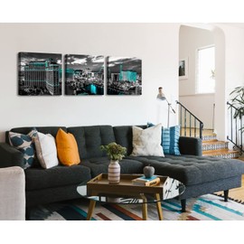 BLINFEIRU Las Vegas Wall Art - Teal Nevada Cityscape Artwork Black and White City Skyline Pictures Wall Decor Bellagio Skyscraper Night View Panoramic Canvas Prints Framed 14"x14"x3