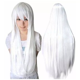 ANOGOL Peluca Blanco Liso 81 Cm Con Fleco Anogol