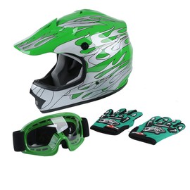 XFMT DOT Youth Kids Motocross Offroad Street Dirt Bike Helmet Youth Motorcycle ATV Helmet with Goggles Gloves Green Flame XL