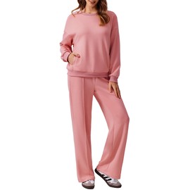 PINSPARK Lounge Sets For Women Long Sleeve Crewneck Sweatshirts Drawstring Straight Leg Matching Sets Airport Travel Outfits Pink M