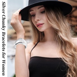 YBMYCM Chunky Gold Bangle Bracelets for Women Trendy Wide Chunky Cuff Bracelets Hammered Irregular Wrist Cuff Wrap Bracelet (Silver 3)