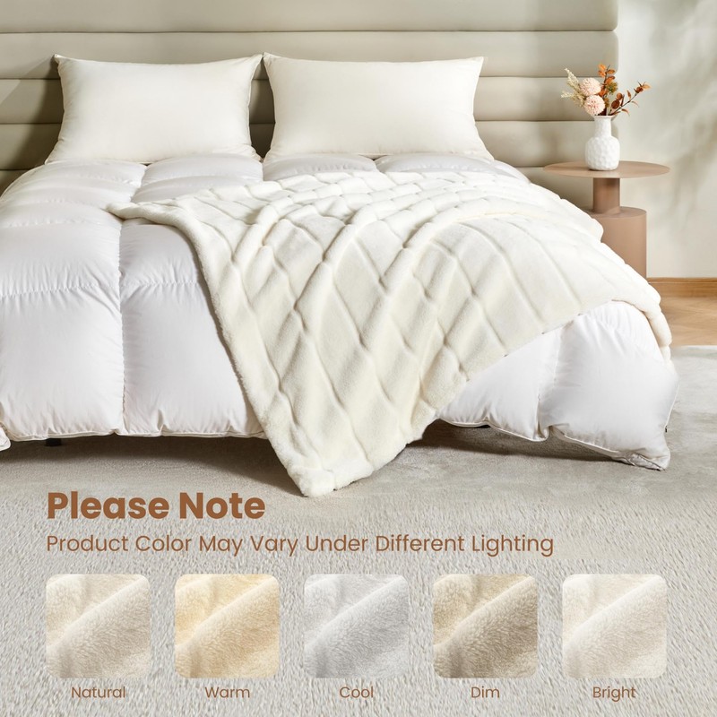 Sophia & William Cream White Faux Rabbit Fur Throw Blanket,