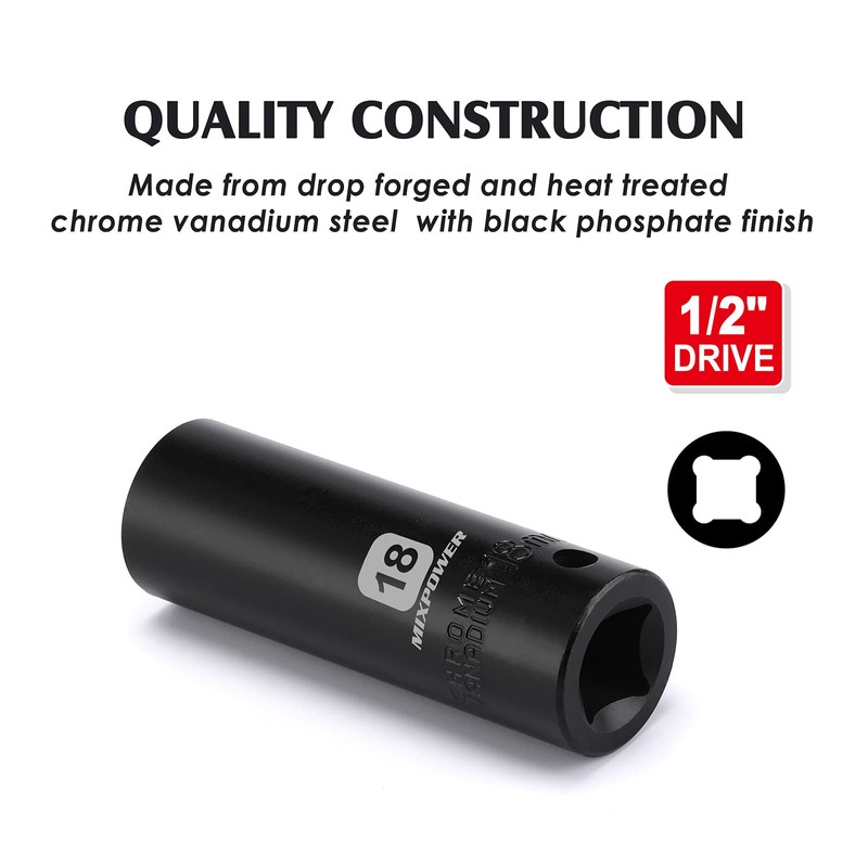MIXPOWER 1/2-Inch Drive Deep Impact Socket - 18mm, Metric, CR-V,