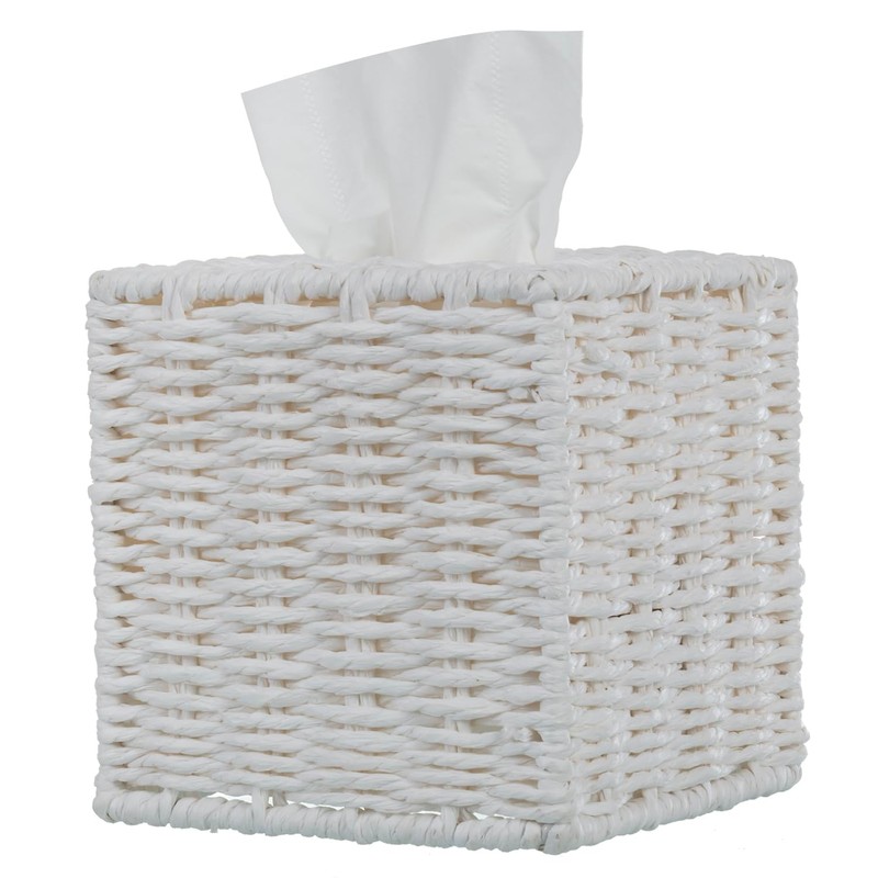 MyGift Decorative White Woven Square Tissue Box Holder with Easy