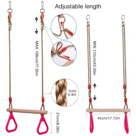 Trapeze Swing Bar Rings, VIsuIvit Children's Wooden Trapeze Swing Bar with Adjustable Rope, Locking Straps, Outdoor Swings Set Playground Accessories Gym Rings for Kids (Pink)