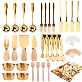 48Pcs Charcuterie Boards Accessories, Charcuterie Utensils Cheese Butter Spreader Set Mini Serving Tongs Spoons Forks Dipping Bowls and Toothpick Flags for Party Festival(COLOR:gold)