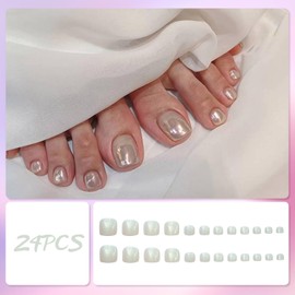 24Pcs French False Toenails, Short Square White Pearlescent Press on Toe Nails, Solid Color Cute Summer Fake Toe Nails, 12 Sizes Artificial Beach Full Cover Acrylic Stick on Toenails for Women & Girls