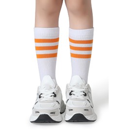 Pareberry Boys Girls Over the Calf Striped Tube Socks Cotton Soft Retro Athletics Socks for Kids Age 4-9 (US, Age, 6 Years, 9 Years, A09-Orange/White)