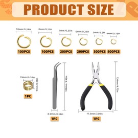 Tanstic 1403Pcs Gold Open Jump Rings Kit, 4mm, 5mm, 6mm, 7mm, 8mm, 10mm Jewelry Jump Rings with Jump Ring Opener, Jewelry Pliers and Tweezer for Jewelry Making