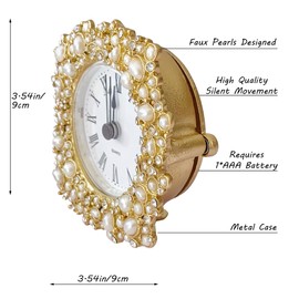 Pasiir Silent Mini Vintage Analog Table Clock with Faux Pearls Metal Body and Battery Operated Non-Ticking Core for Shelf, Bedroom, Bedside, Desk, Gift Clock