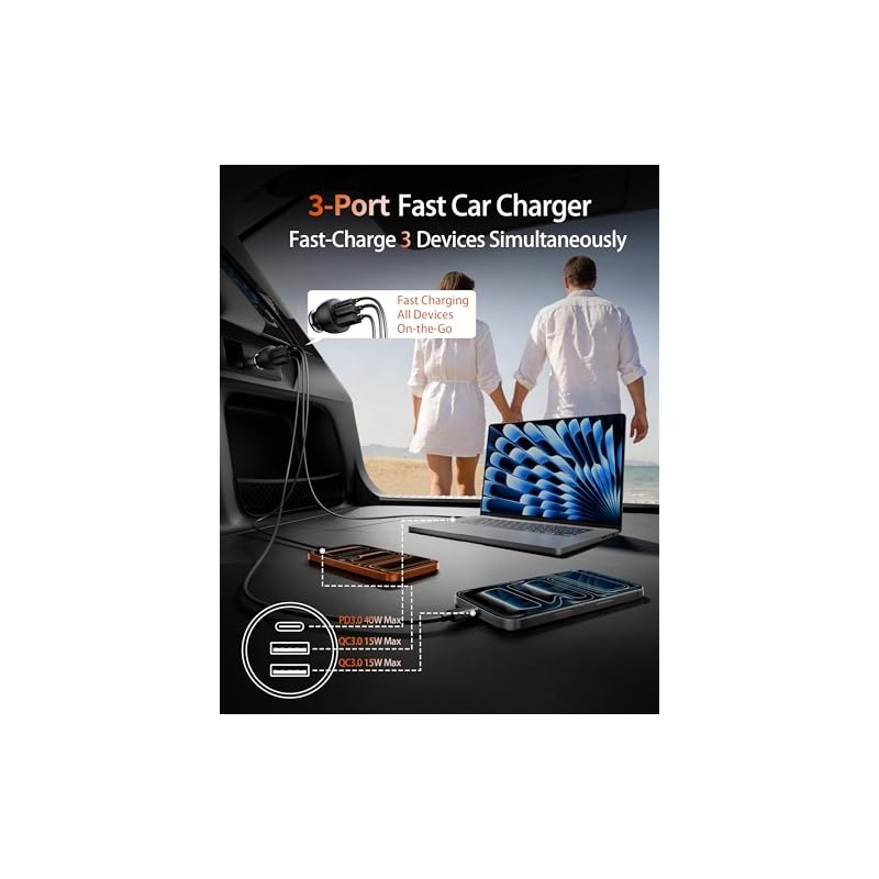 3-Port Fast Charging USB C Car Charger - 70W Power