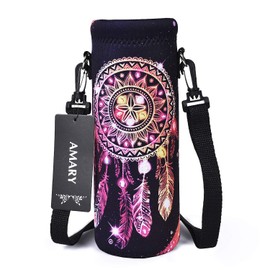 AMARY Neoprene Water Bottle Carrier Bag with Adjustable Shoulder Strap,Insulated Water Bottle Cover for Stainless Steel/Glass/Plastic Bottles (Dreamcatcher, 1000ml)