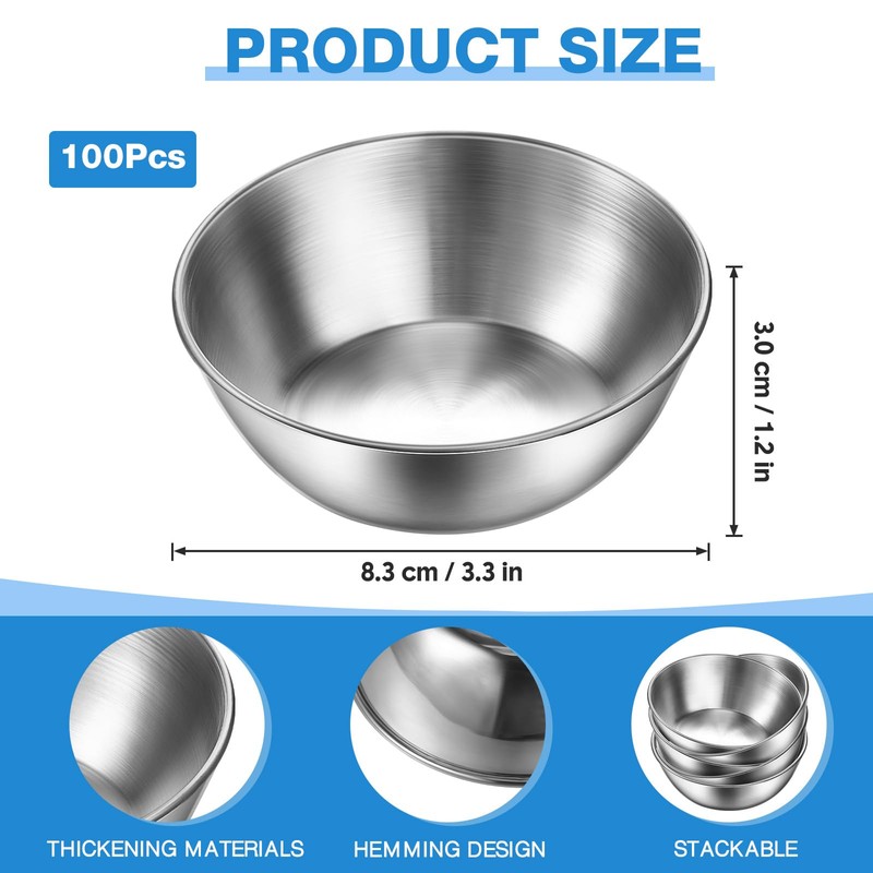 Mimorou 100 Pack 3.3 Inch Stainless Steel Sauce Dishes Bulk