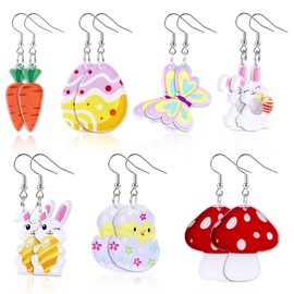 7 Pairs Easter Earrings, Acrylic Easter Egg Bunny Rabbit Drop Earrings Cute Colorful Mushroom Butterfly Dangle Earring Set Double Side Design Spring Theme Jewelry Gift for Women Holiday Party
