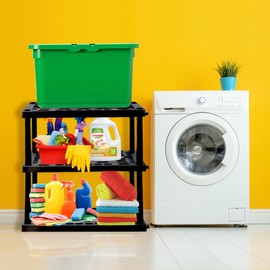 Oskar Heavy Duty Plastic Storage Shelves- for Garage, Kitchen, Bathroom Basement Kids Room, Stackable 3-Tier Black Organizer Rack for Books Shoes, Toys, Pantry, Cleaning and Closet Organization