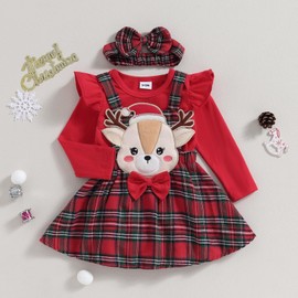 Geagodelia Christmas Outfit Baby Girl Reindeer Checked Suspender Skirt + Long Sleeve Bodysuit + Headband Newborn Christmas Dress My First Christmas Baby Clothing Set, 102501#Red