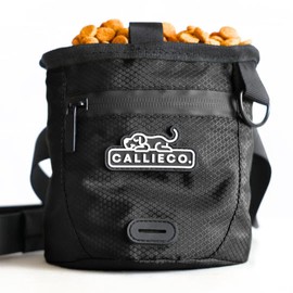 Callieco Dog Treat Pouch with Magnetic & Zipper Closure | Small Waist Belt Training Behavior Aid Bag for Dog Walking with Poop Bag Dispenser (Black)